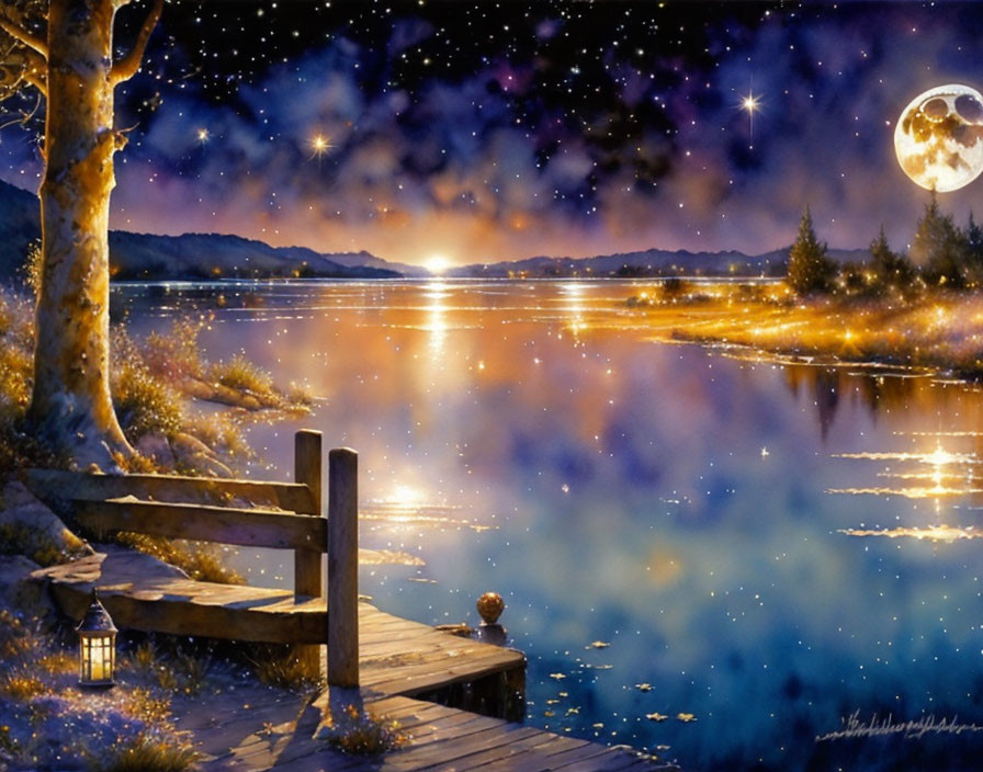 Serene night landscape with full moon, lake, stars, and wooden dock