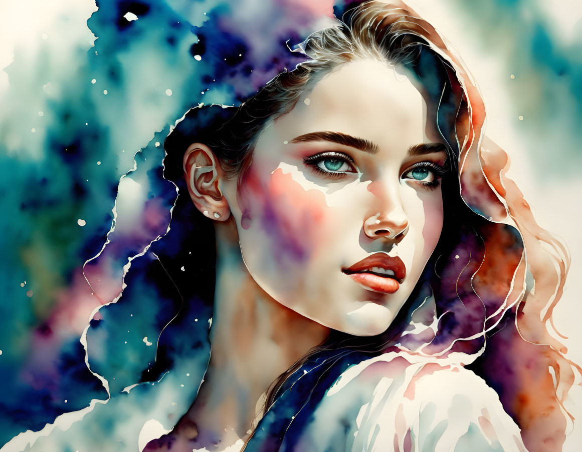 Detailed Watercolor Portrait of Woman with Vibrant Blue and Purple Tones