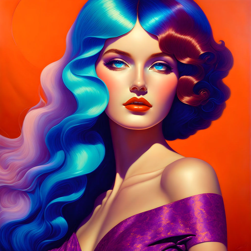 Colorful Digital Portrait: Woman with Blue Hair and Orange Background