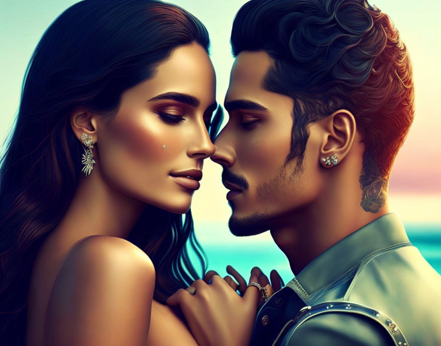 Romantic couple with earring and ear piercings in sunset scene