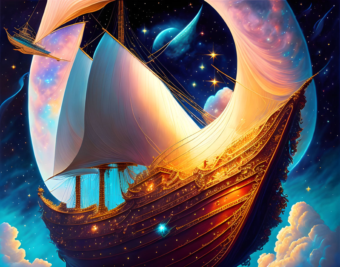 Fantastical ship with billowing sails under starry cosmos