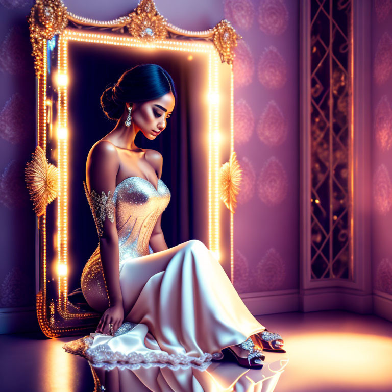 Luxurious room with elegant woman in glittering gown