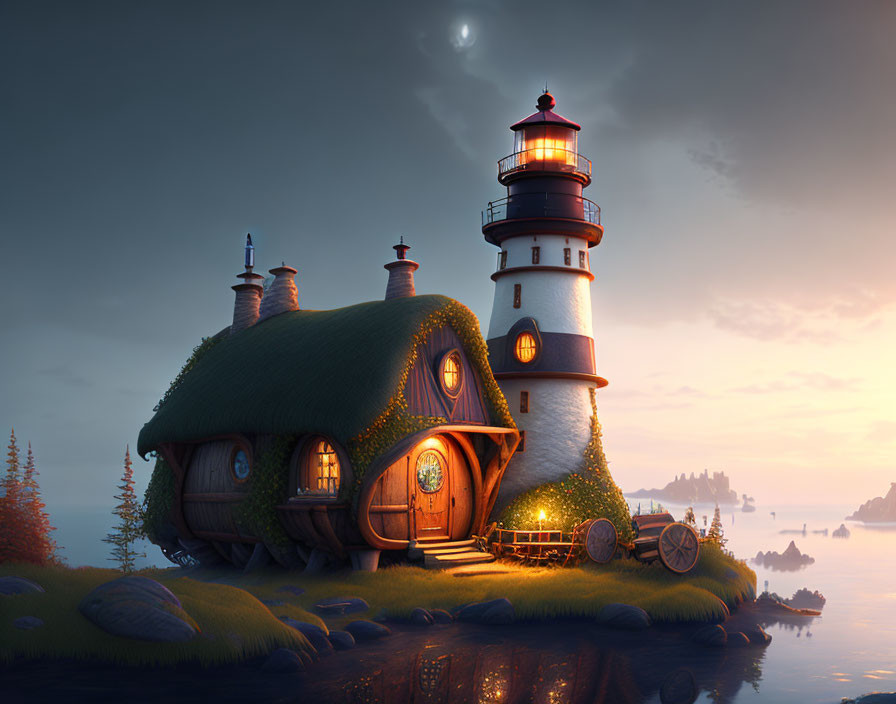 Whimsical lighthouse and cottage by tranquil sea at dusk