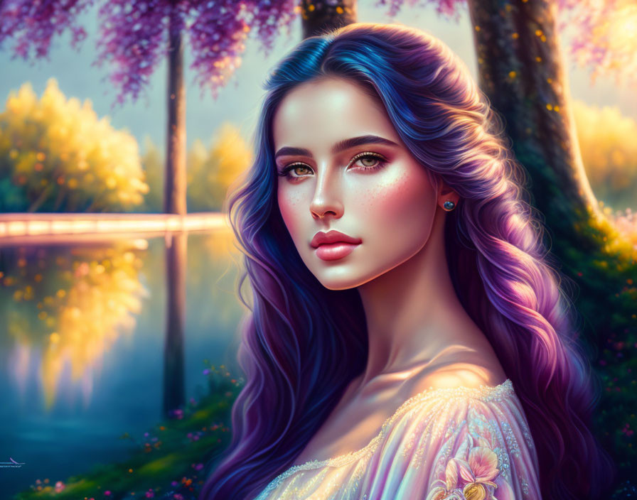 Digital Art Portrait: Woman with Purple Hair and Green Eyes by Cherry Blossom Lake