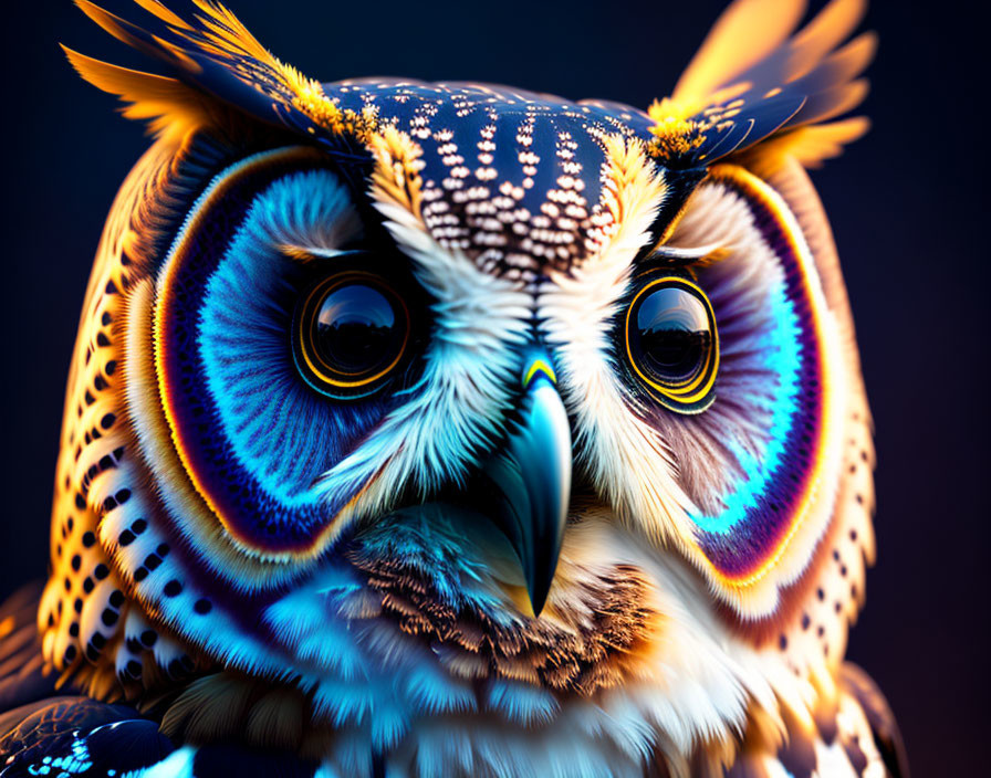 Colorful Owl Digital Illustration with Intense Eyes and Feather Patterns