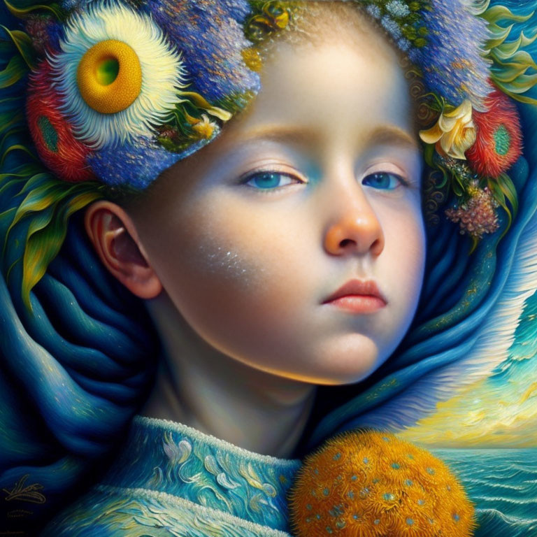 Detailed Painting of Child with Serene Expression and Floral Headdress