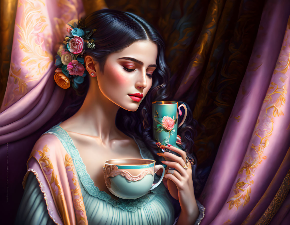 Illustrated woman with dark hair and flowers in pastel dress holding ornate teacup in luxurious