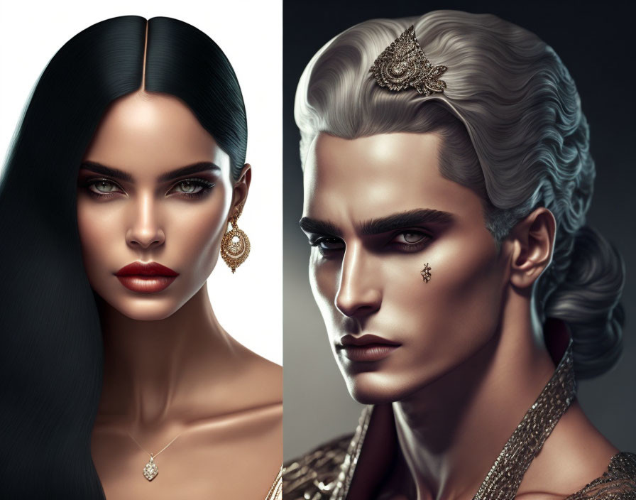 Stylized portraits of a woman with black hair and a man with silver hair, showcasing intense gaz