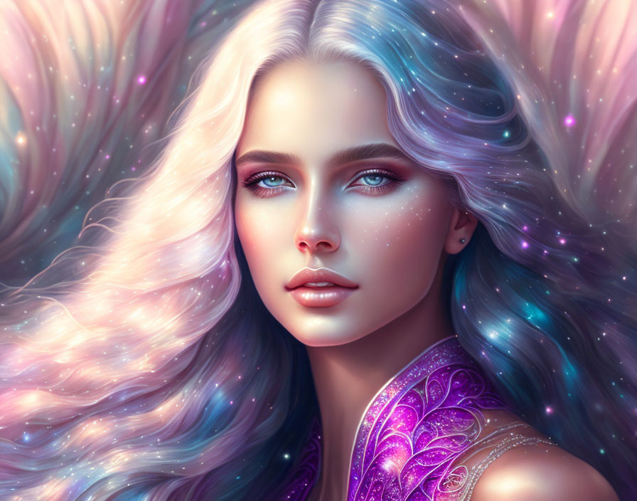 Fantasy Woman Portrait with Pastel Hair and Starry Background