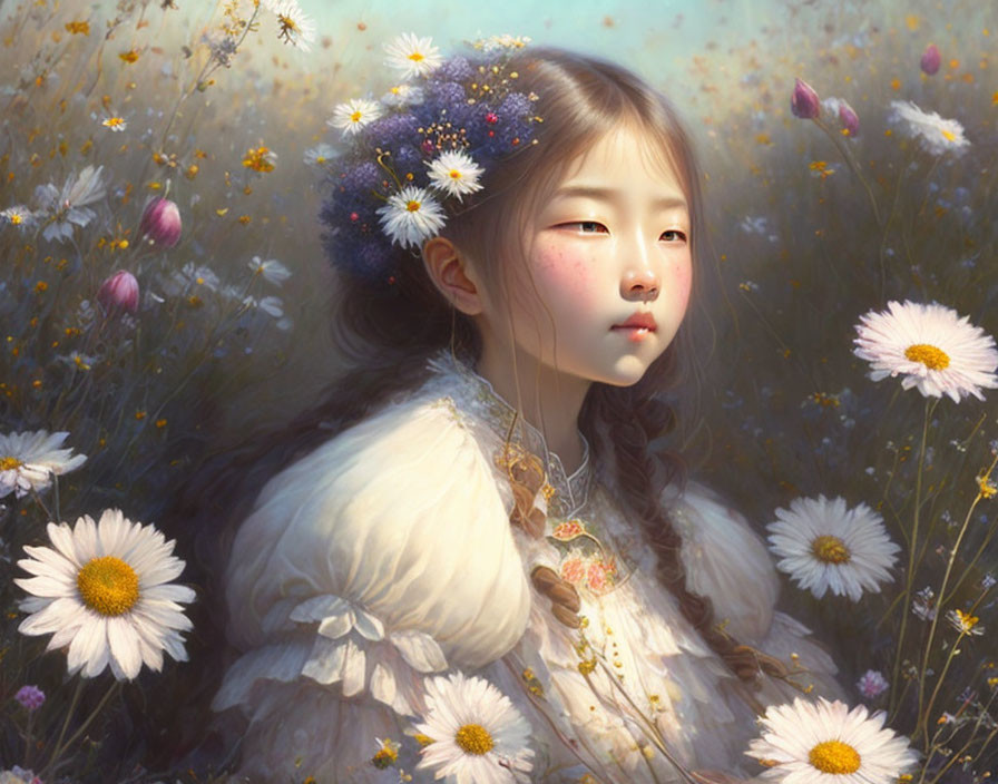 Young girl with flowers in hair in dreamy field of daisies