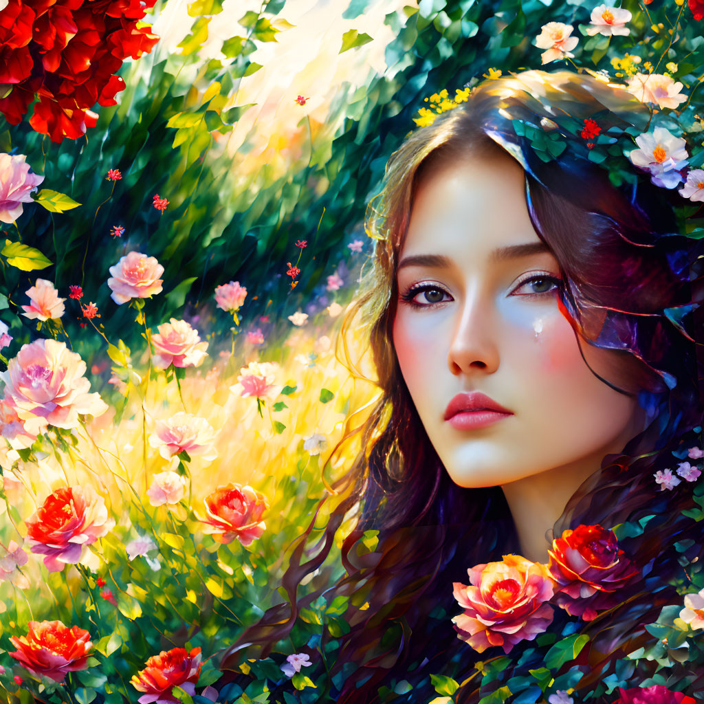 Digital Artwork: Woman with Floral Crown in Colorful Garden