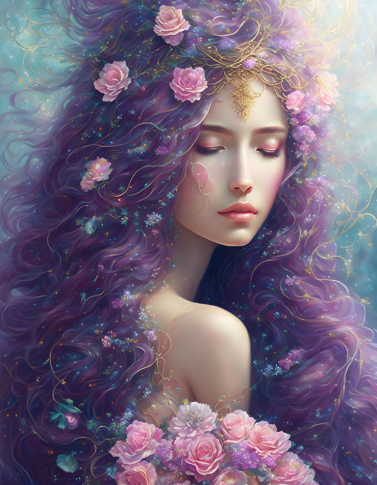 Woman with Long Wavy Purple Hair, Pink Roses, and Golden Tiara