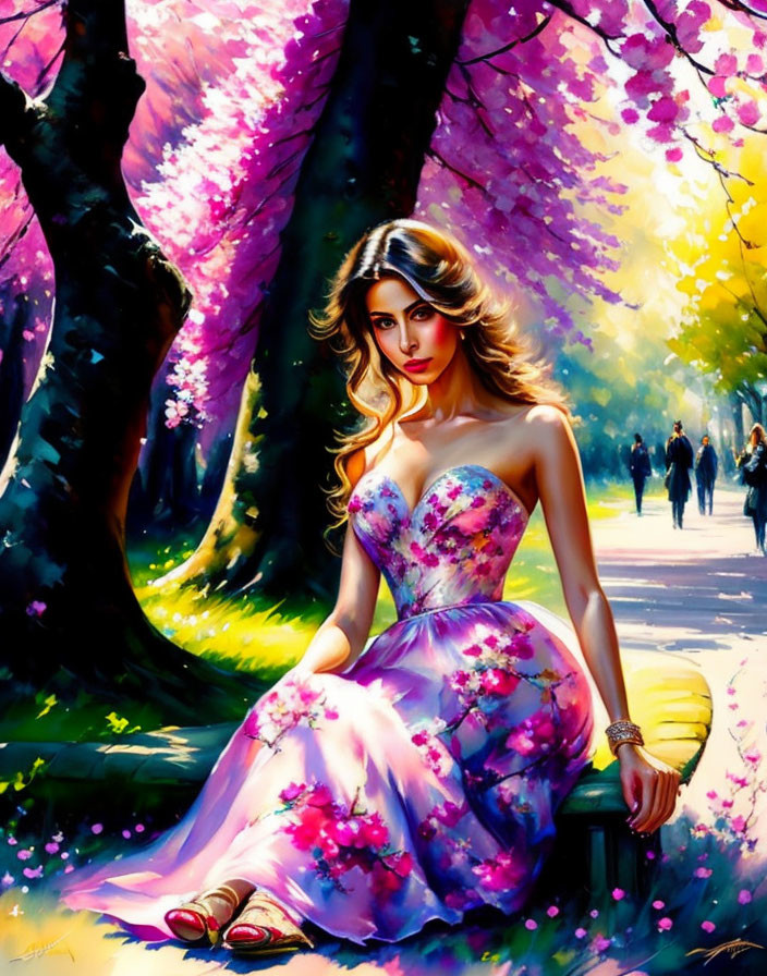 Woman in floral dress under pink blossoming trees on vibrant spring day with strolling people