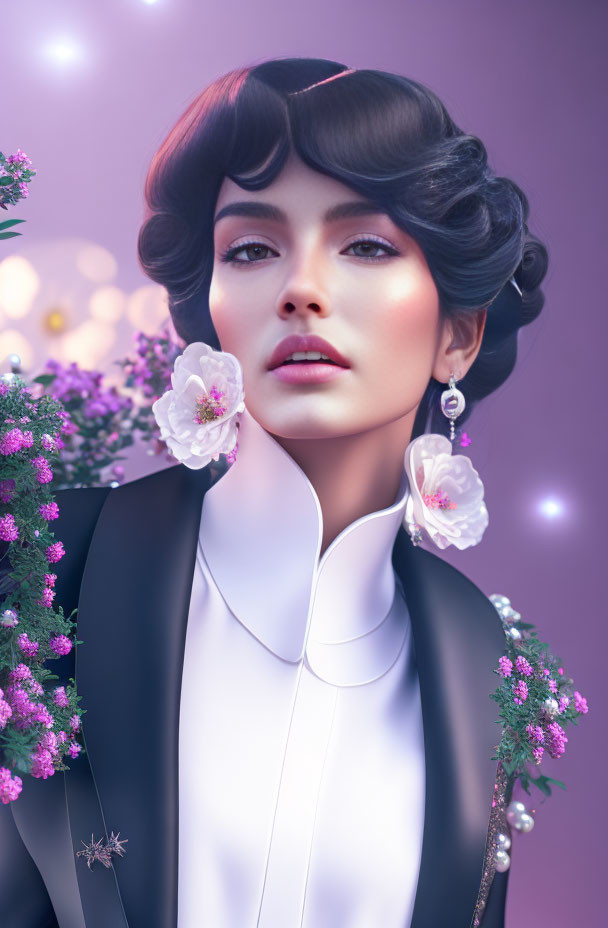 Vintage-inspired woman with floral hairstyle and earrings in black and white outfit on purple backdrop