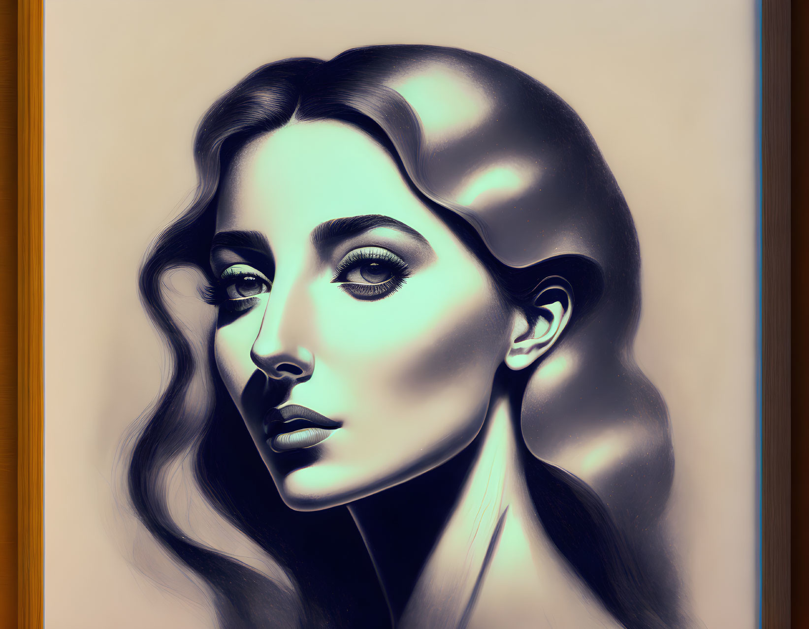 Monochromatic portrait of a woman with striking eyes and lips in warm-tone frame