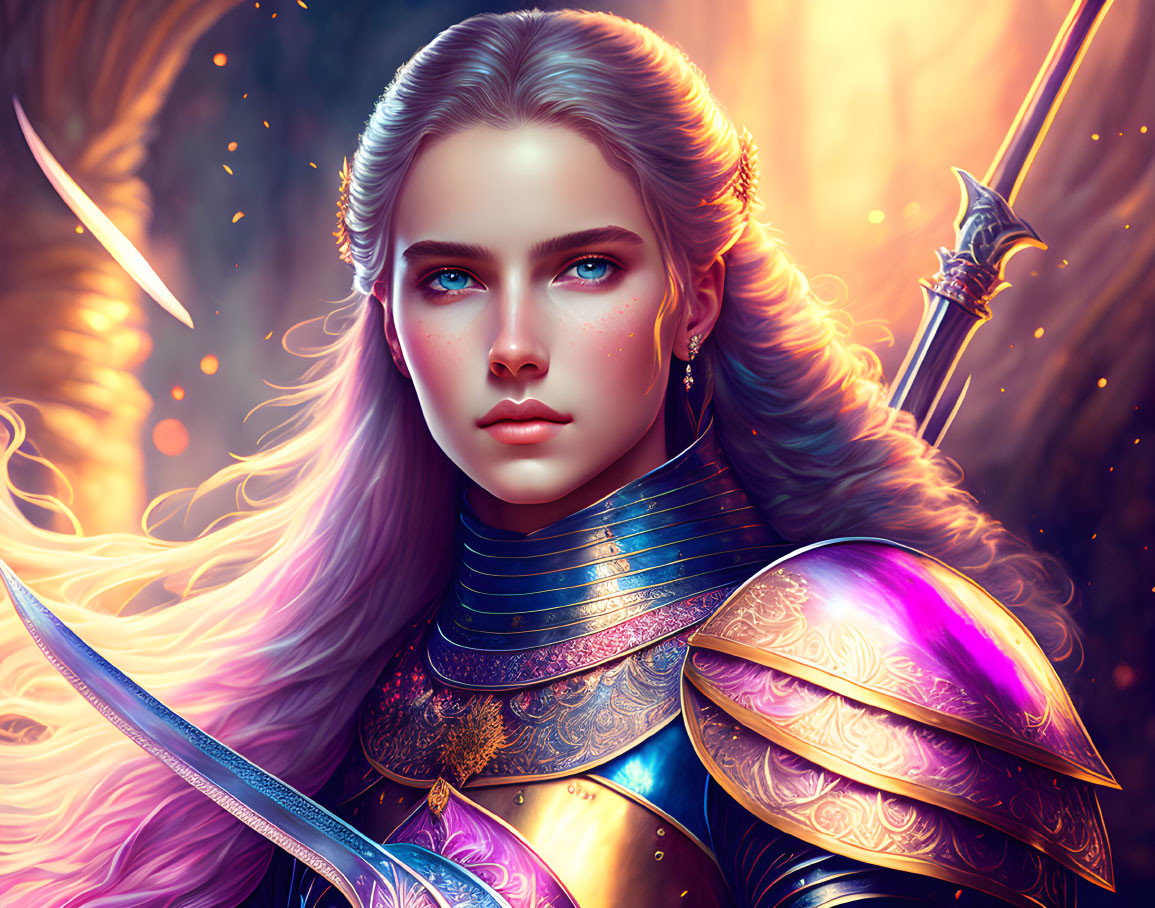 Fantasy female warrior digital illustration with pink hair and ornate armor