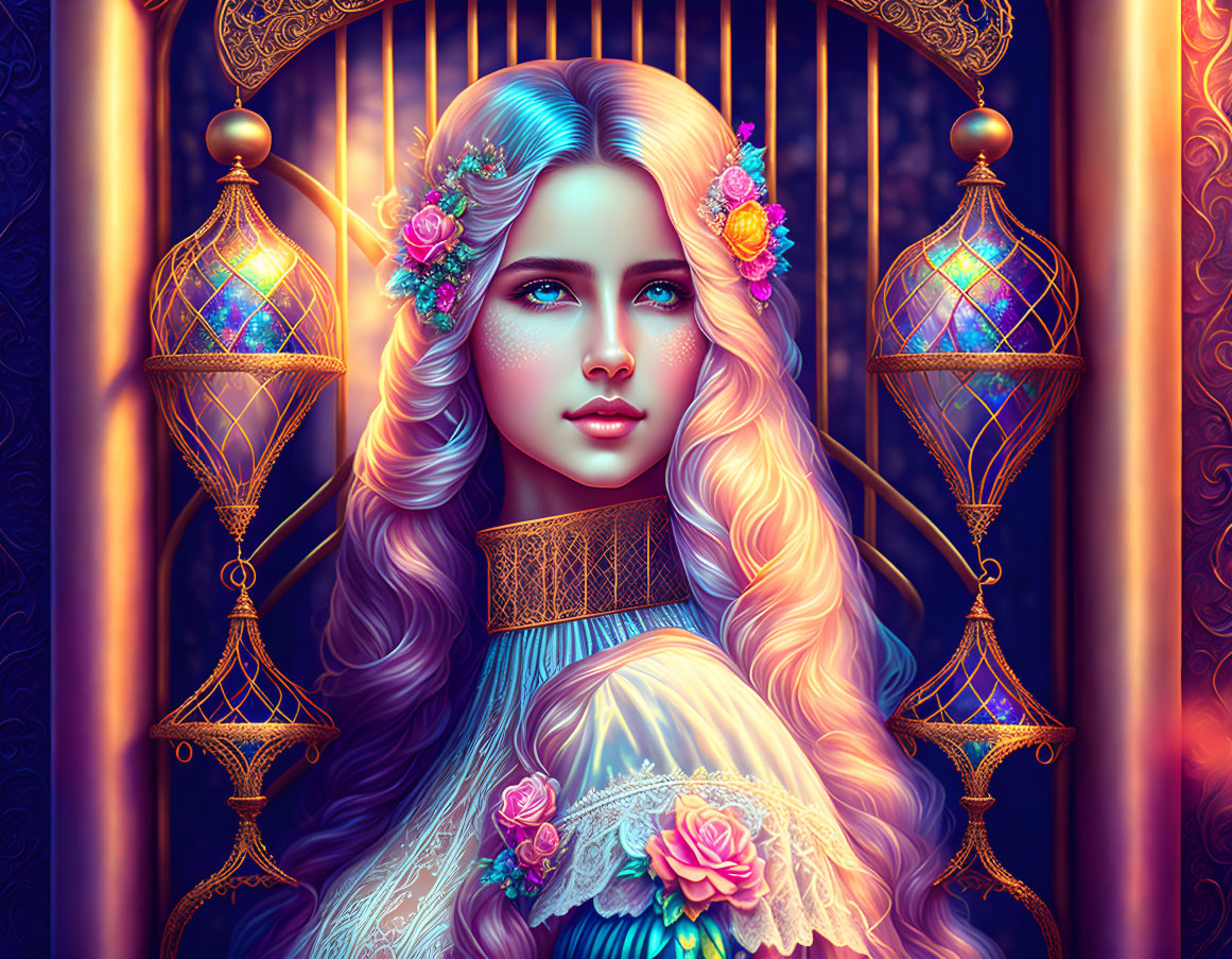 Woman with Long Wavy Hair, Flowers, Lanterns, Blue and Purple Ambiance