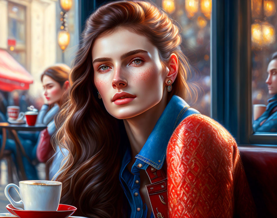 Digital artwork of woman with wavy hair in café scene