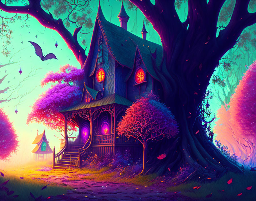 Fantasy treehouse with purple foliage, glowing windows, and bat in colorful forest