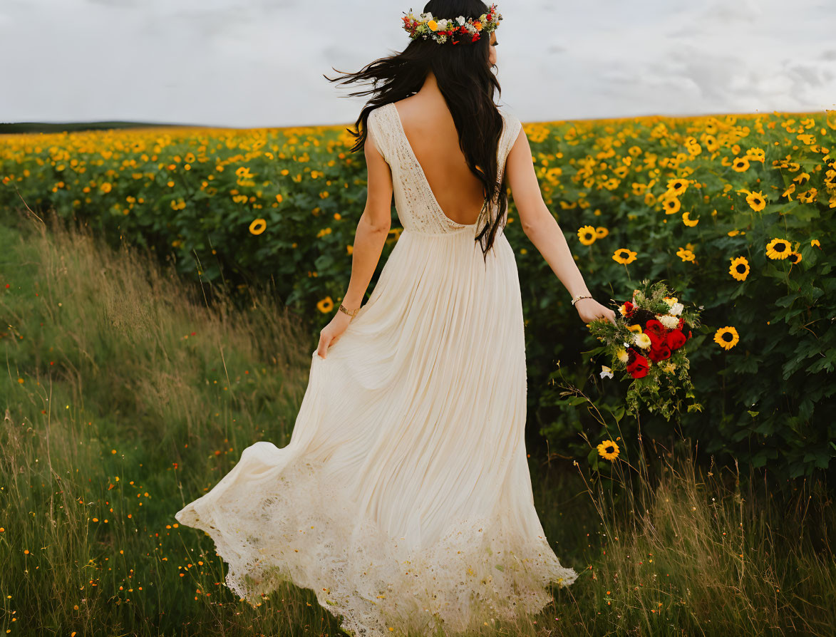 Woman in flowing dress with floral crown in sunflower field, embodying freedom and nature connection.