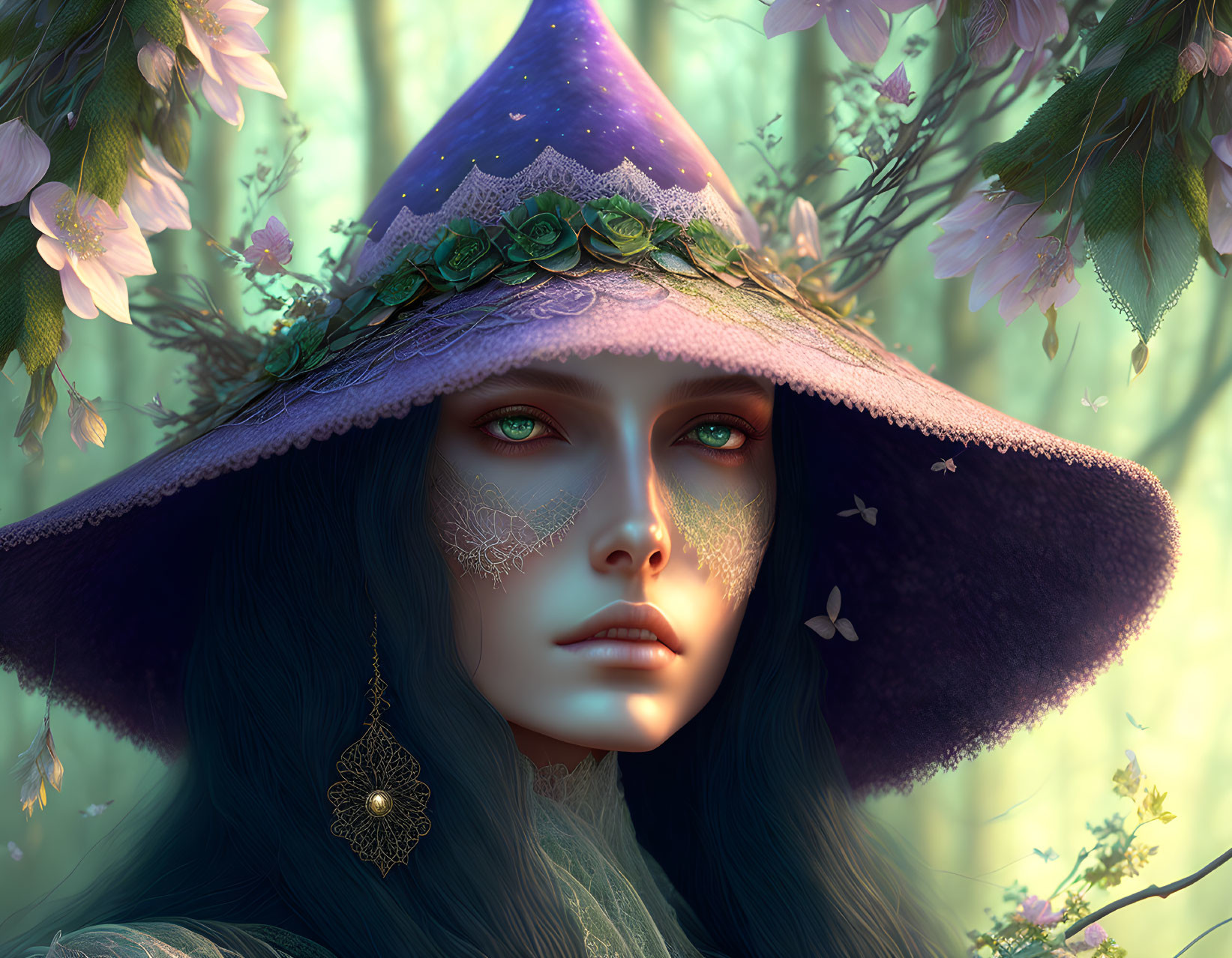 Mystical woman with green eyes in large blue pointed hat amidst blooming forest