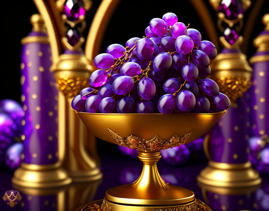 Golden chalice with ornate details and ripe grapes on a table