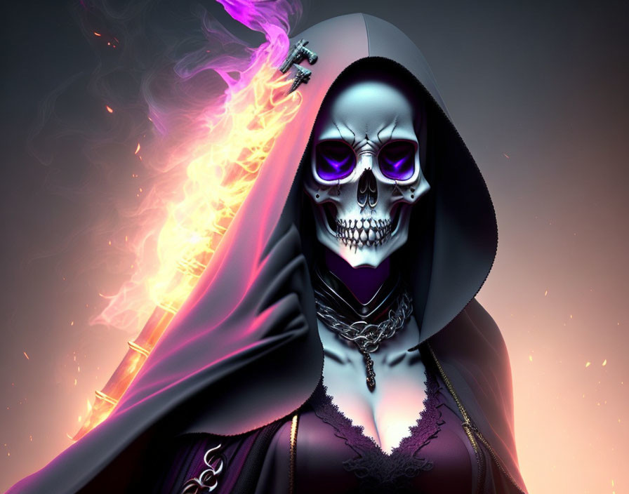 Digital art: Skull with purple hues, cloak, flaming sword, mystical aura