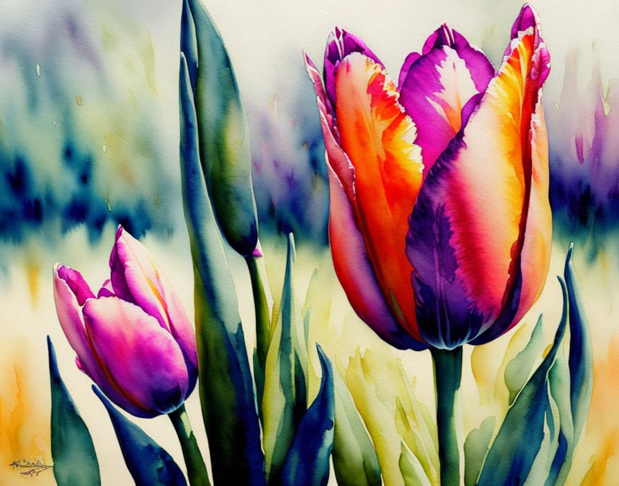 Colorful Watercolor Painting of Purple and Red Tulips