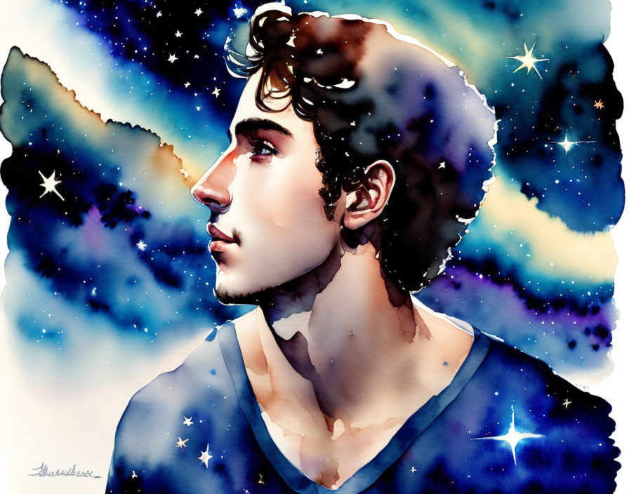 Cosmic-themed watercolor portrait with stars and nebulae