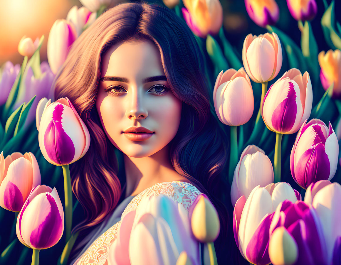 Woman with flowing hair surrounded by vibrant tulips in warm sunlight