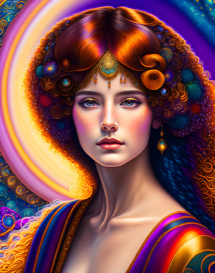 Colorful portrait of woman with jewel-adorned hair and swirling background.