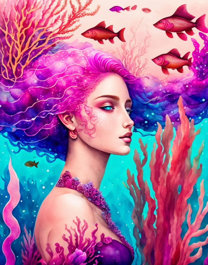 Colorful Illustration of Woman with Pink Coral Hair Surrounded by Underwater Fish and Flora