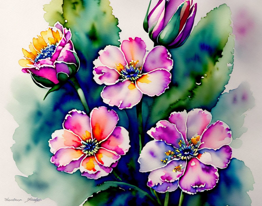 Colorful watercolor painting of pink and purple flowers on green background