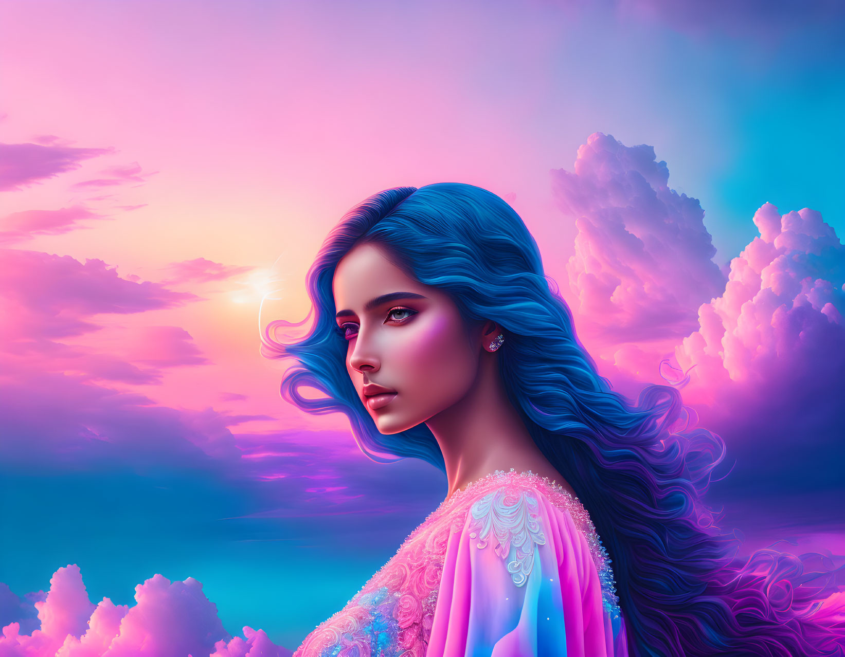 Digital Artwork: Woman with Blue Hair in Vibrant Sunset Sky