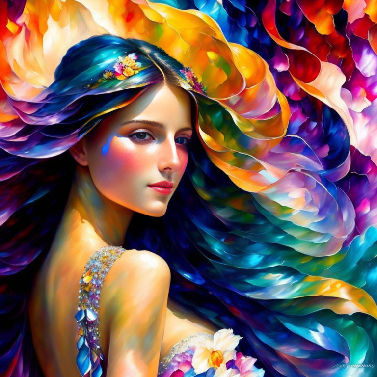 Colorful portrait of woman with vibrant, multicolored hair and floral decorations on kaleidoscopic