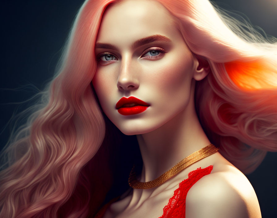 Portrait of woman with pink hair, blue eyes, red lipstick, red dress, and golden choker