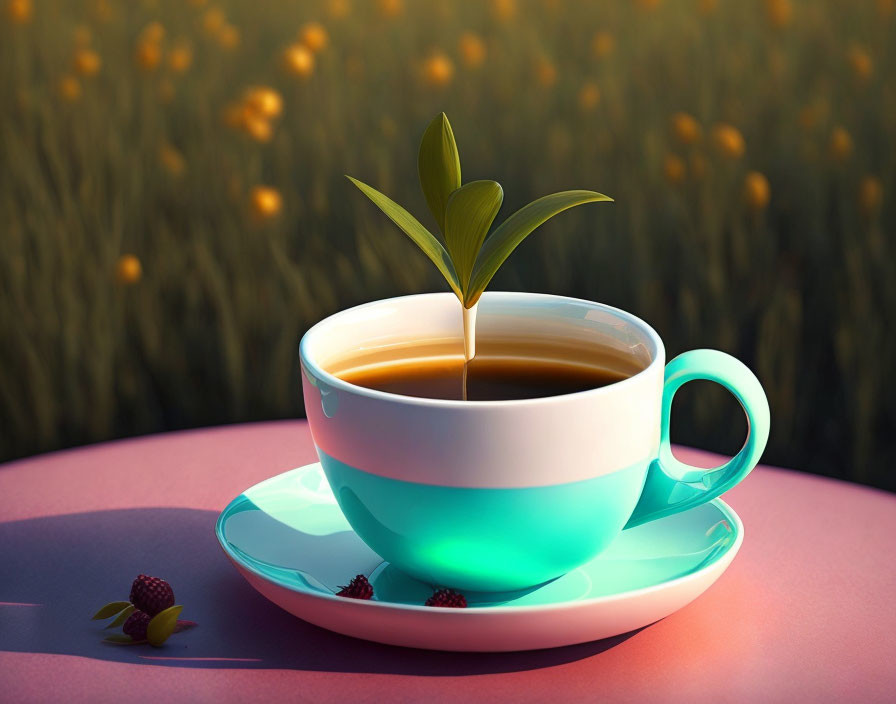 Teacup with sprouting plant on pink table in golden field landscape