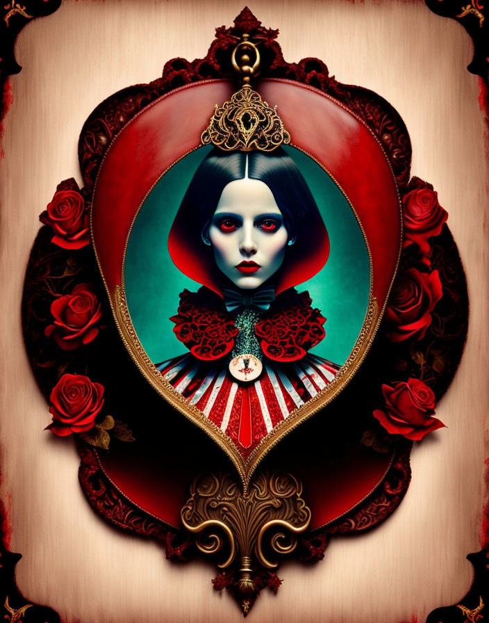 Gothic-style portrait of pale-faced woman with dark lipstick and red roses in vintage frame