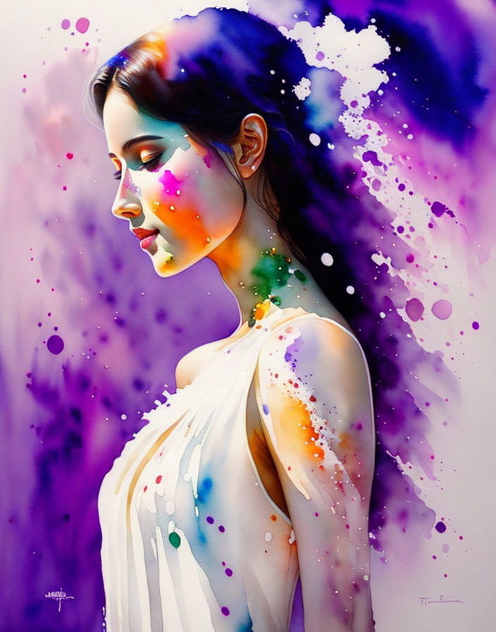 Abstract watercolor splashes on woman's profile blending into white dress