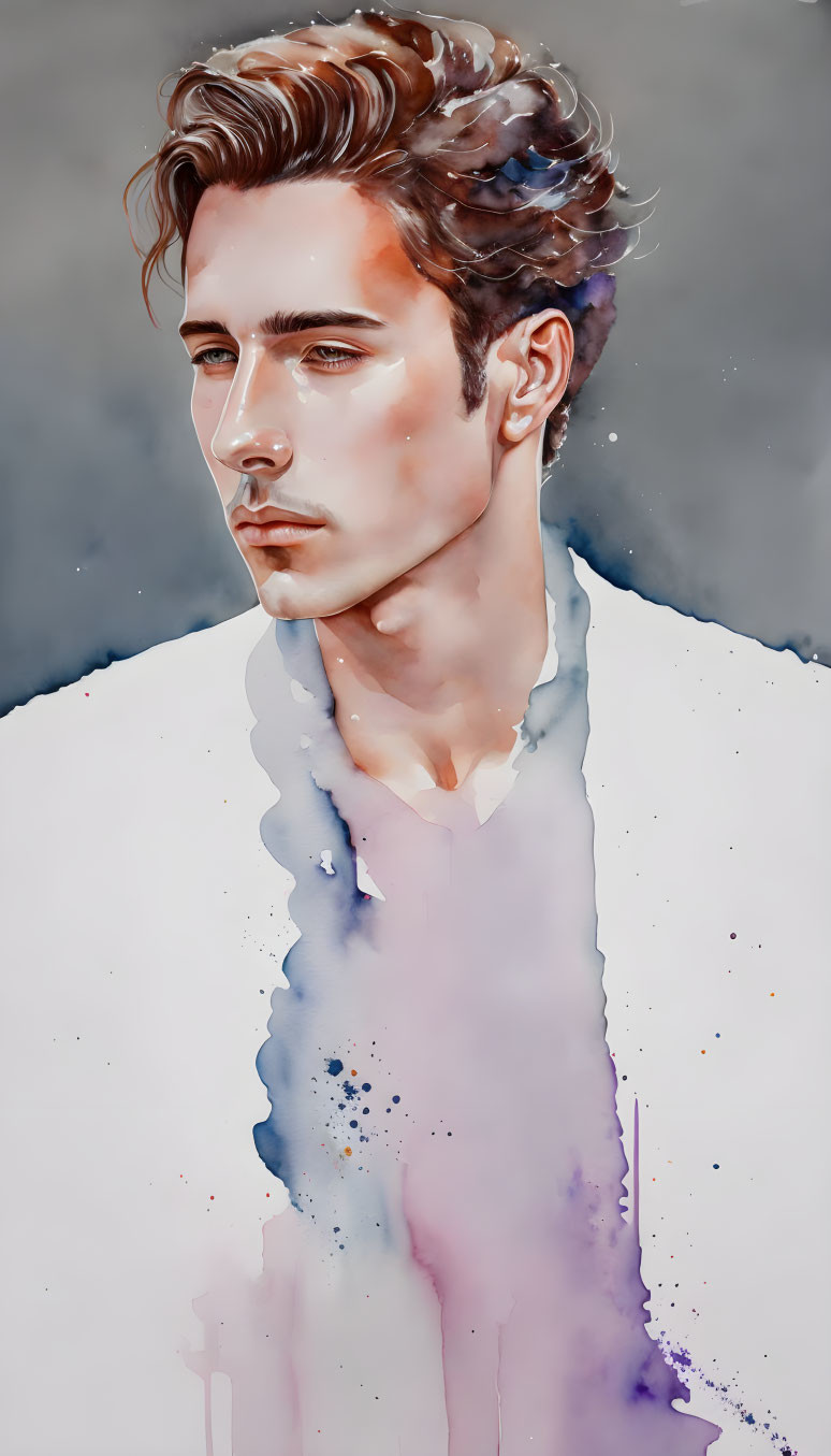 Pensive man digital art portrait with purple and blue watercolor design elements