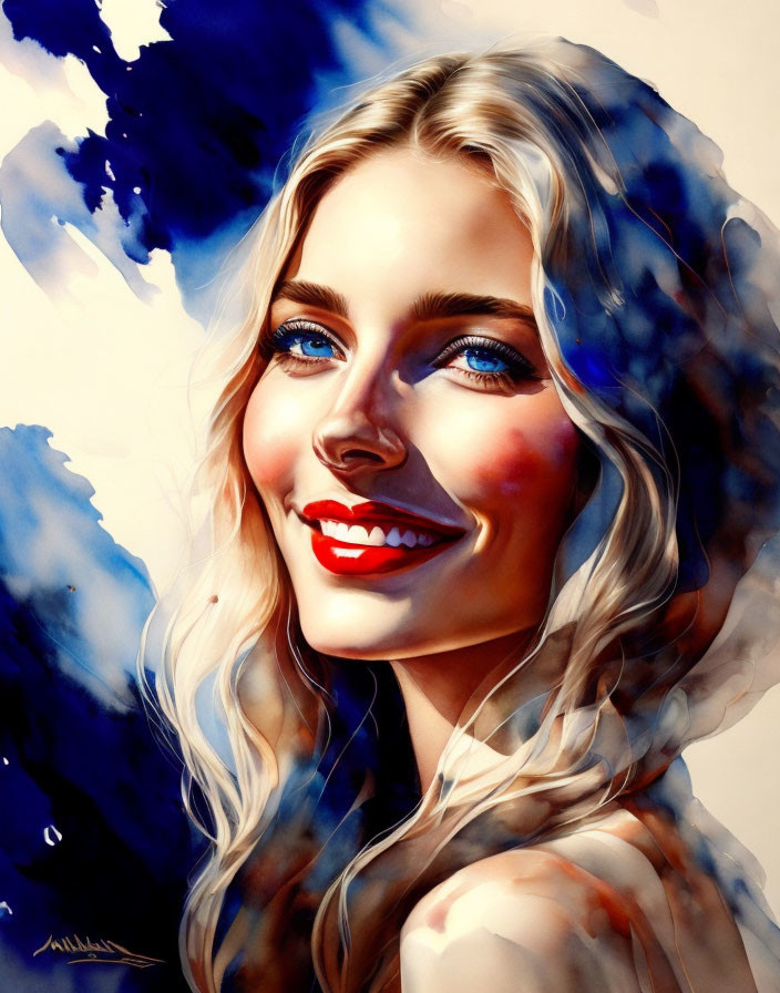 Blonde Woman with Blue Eyes Smiling in Watercolor Splash Environment