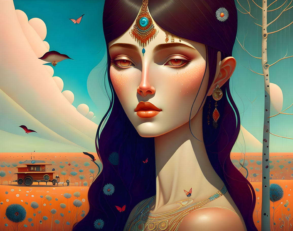 Illustrated portrait of woman with elegant jewelry and headpiece in orange landscape with wagon and butterflies