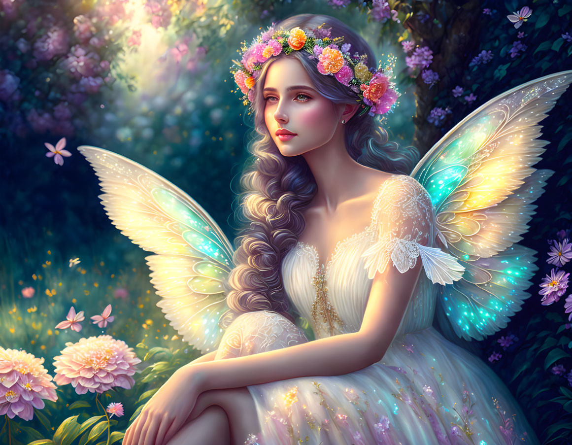 Fairy with translucent wings in twilight garden among lush flowers