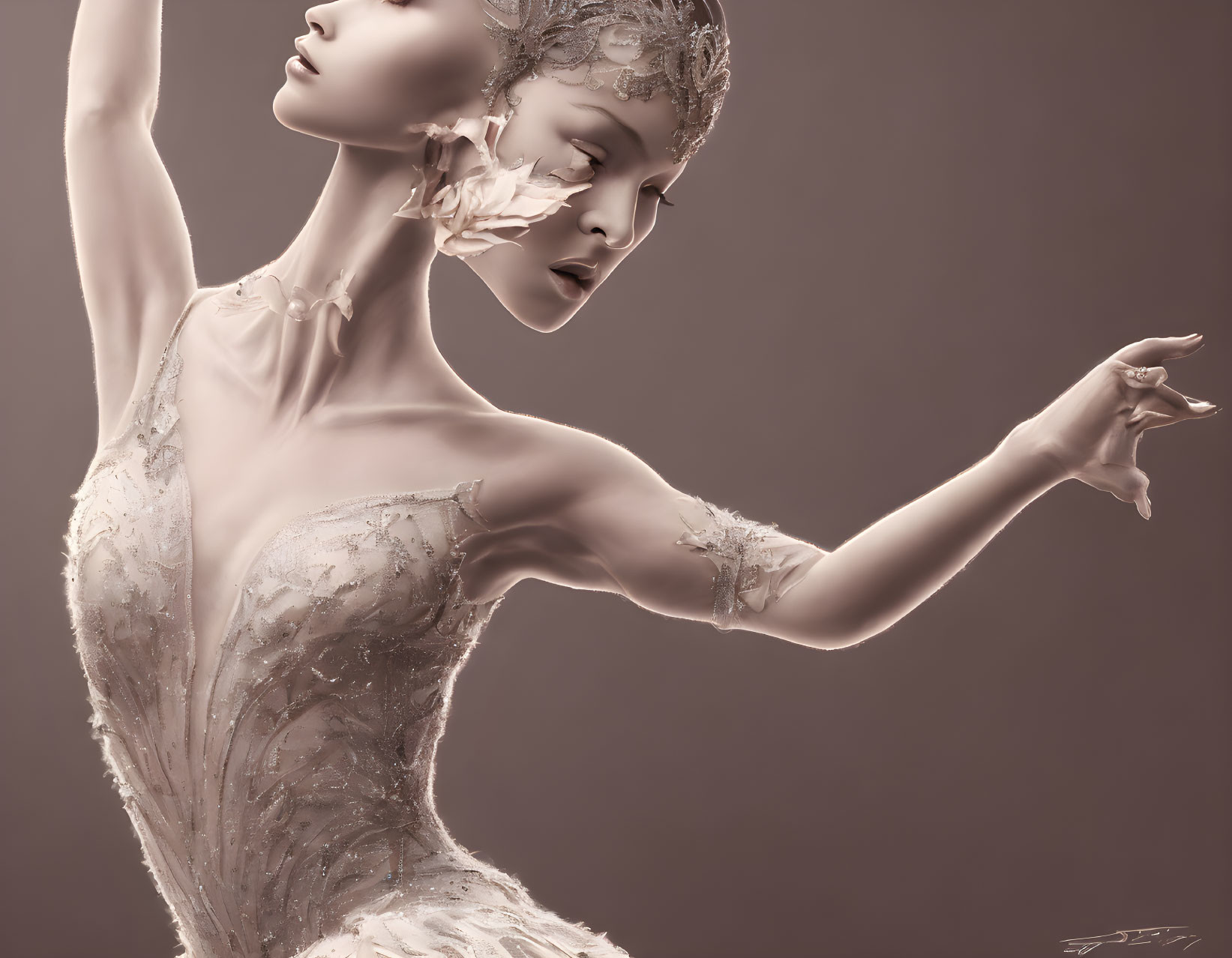 Elegant ballerina in ornate mask and embellished costume on soft brown backdrop