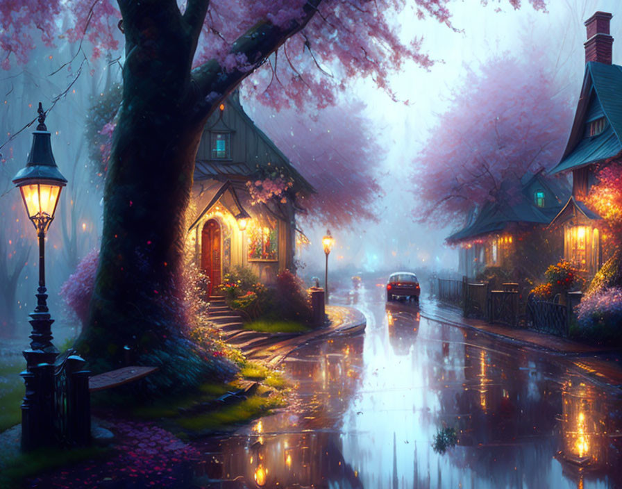 Twilight street scene with glowing lanterns and cherry trees