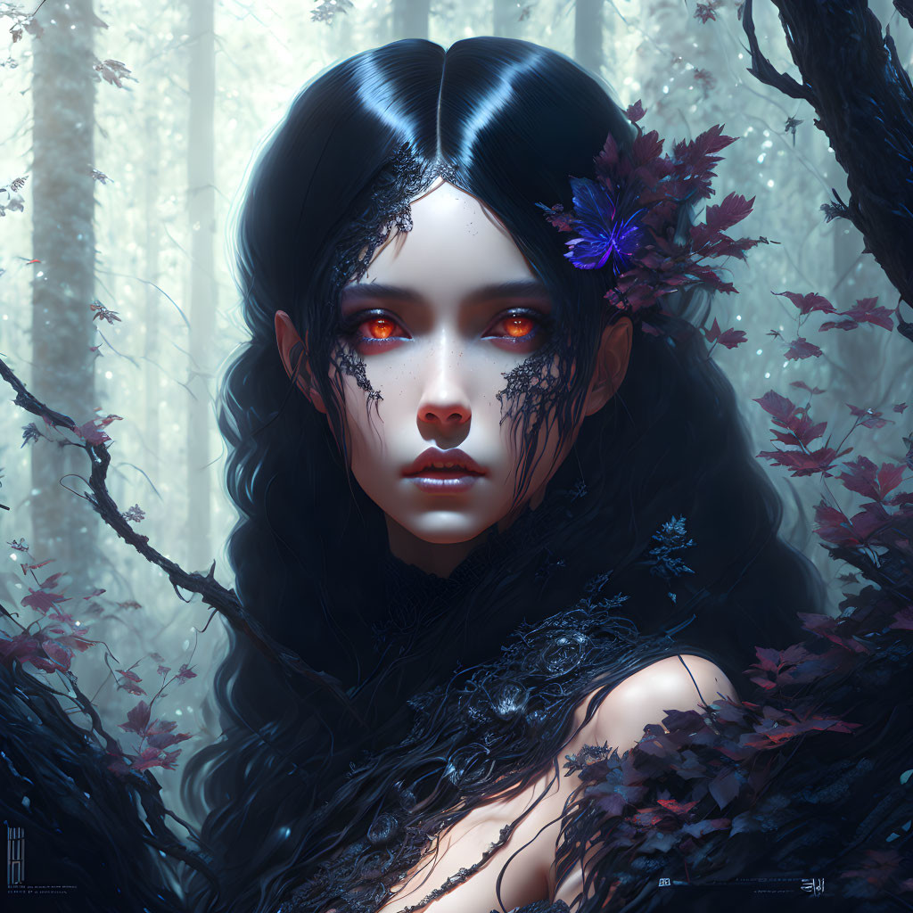 Digital portrait of woman with black hair, red eyes, and dark foliage in mystical forest