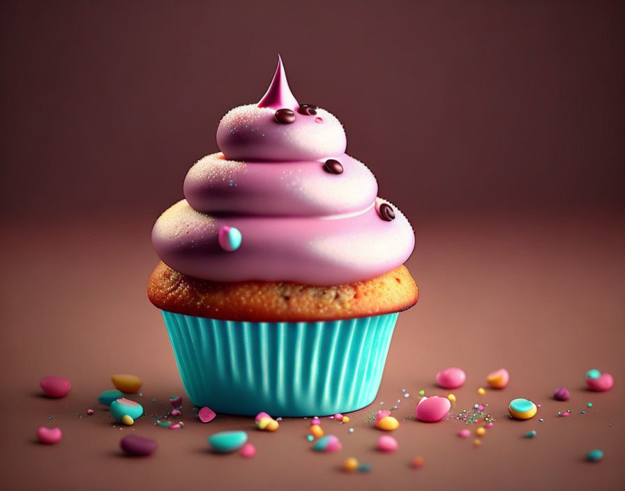 Colorful Cupcake with Pink Frosting and Sprinkles on Brown Background