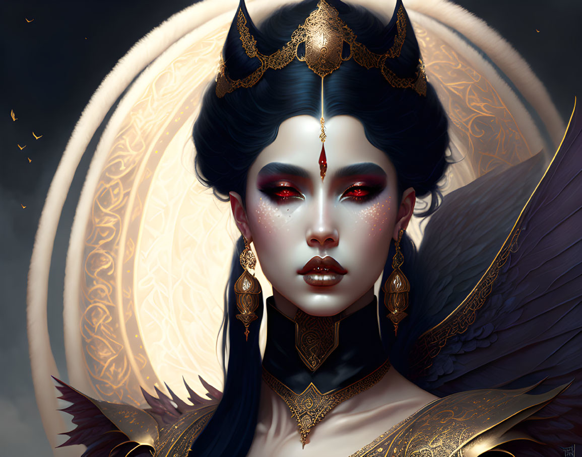 Illustration of majestic female figure with dark hair, red makeup, gold headdress, jewelry, halo