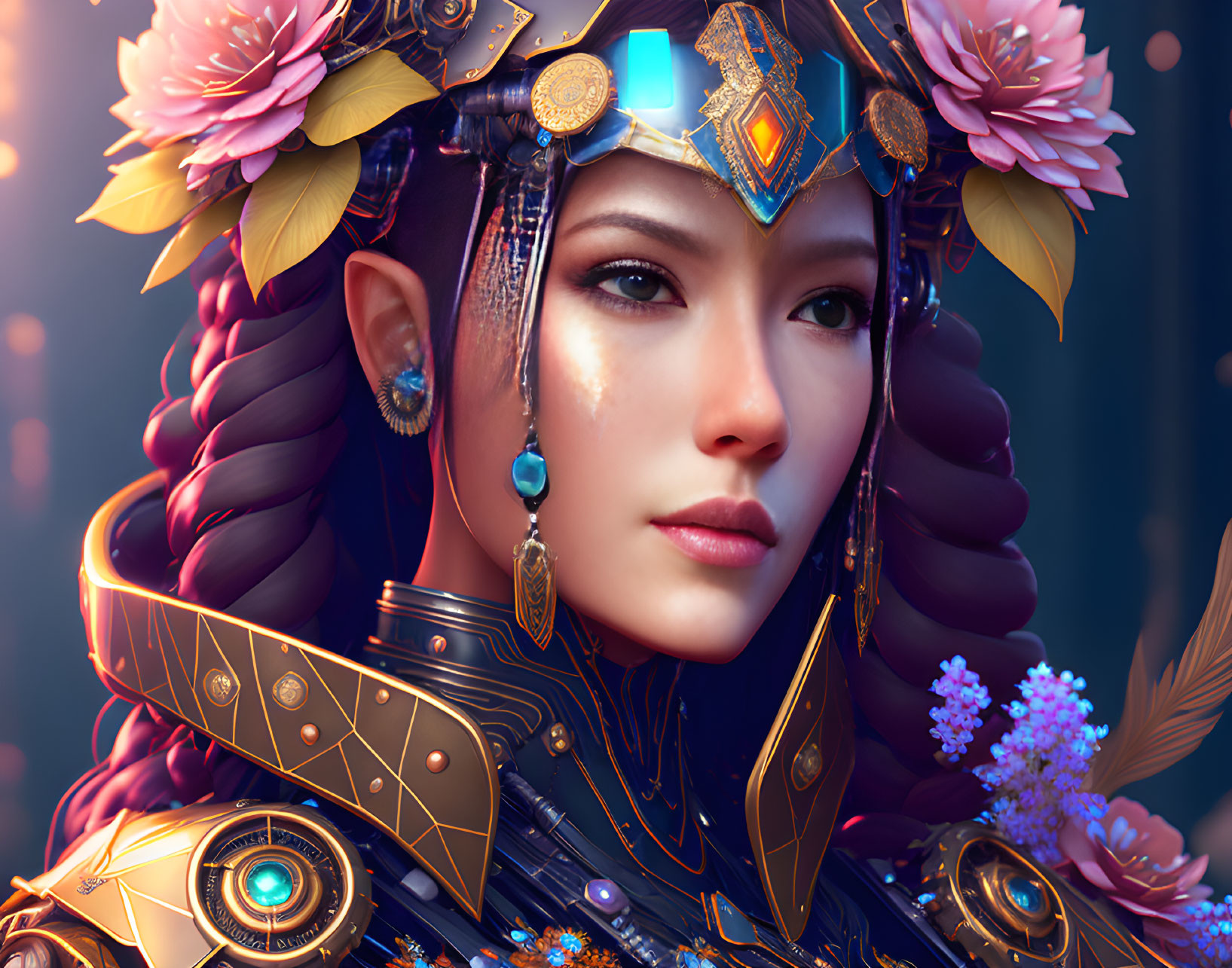 Digital portrait of woman with braided hair, floral adornments, futuristic armor, golden details, and