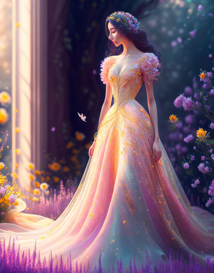 Ethereal animated character in flowy dress with flowers and butterfly